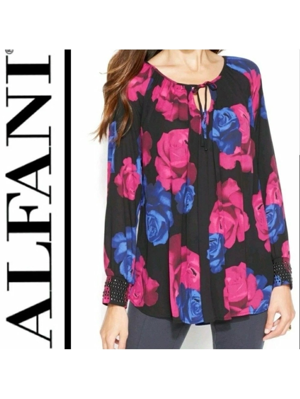 Alfani Women's Rose Print Blouse - Black, Pink, Blue